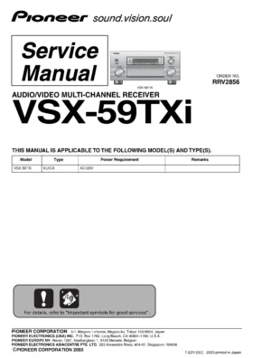 Pioneer vsx 59txi service manual cover with line draw image of the receiver, model type and number, manual issue date and document number