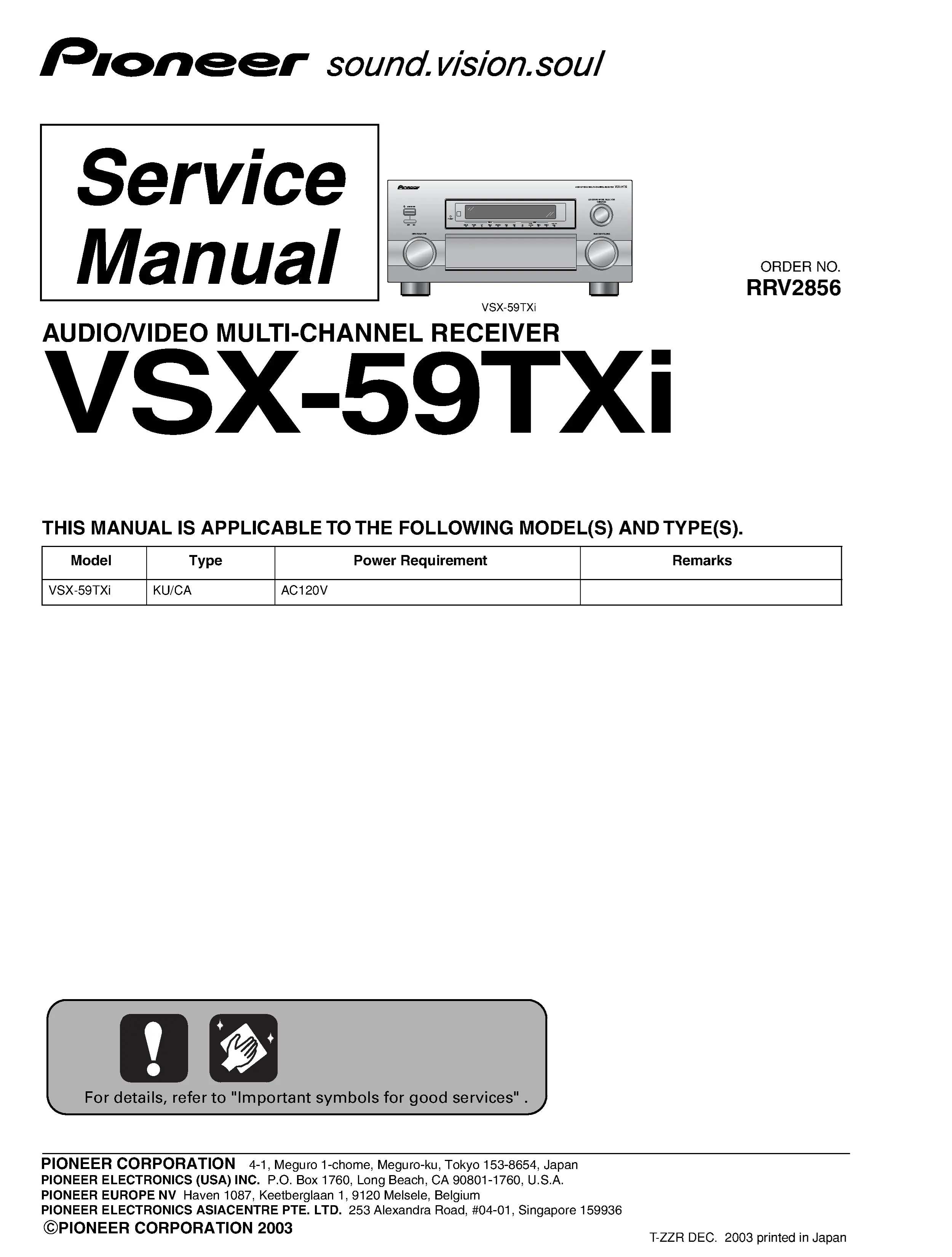 Pioneer vsx 59txi service manual cover with line draw image of the receiver, model type and number, manual issue date and document number