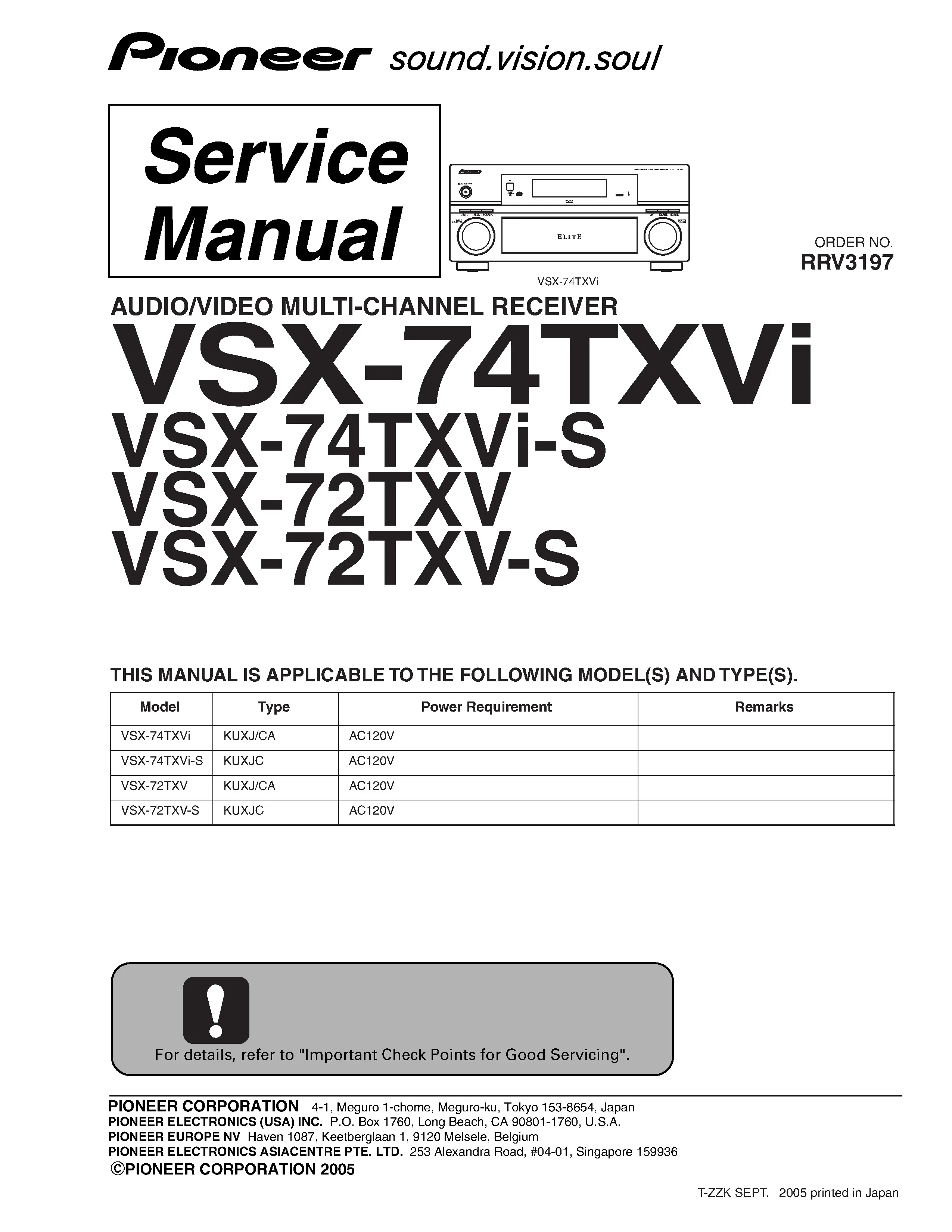Pioneer vsx 72txv service manual cover with line draw image of the receiver, model type and number, manual issue date and document number
