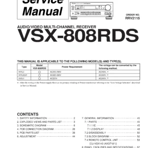 Pioneer vsx 808rds service manual cover with line draw image of the receiver, model type and number, manual issue date and document number