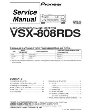 Pioneer vsx 808rds service manual cover with line draw image of the receiver, model type and number, manual issue date and document number