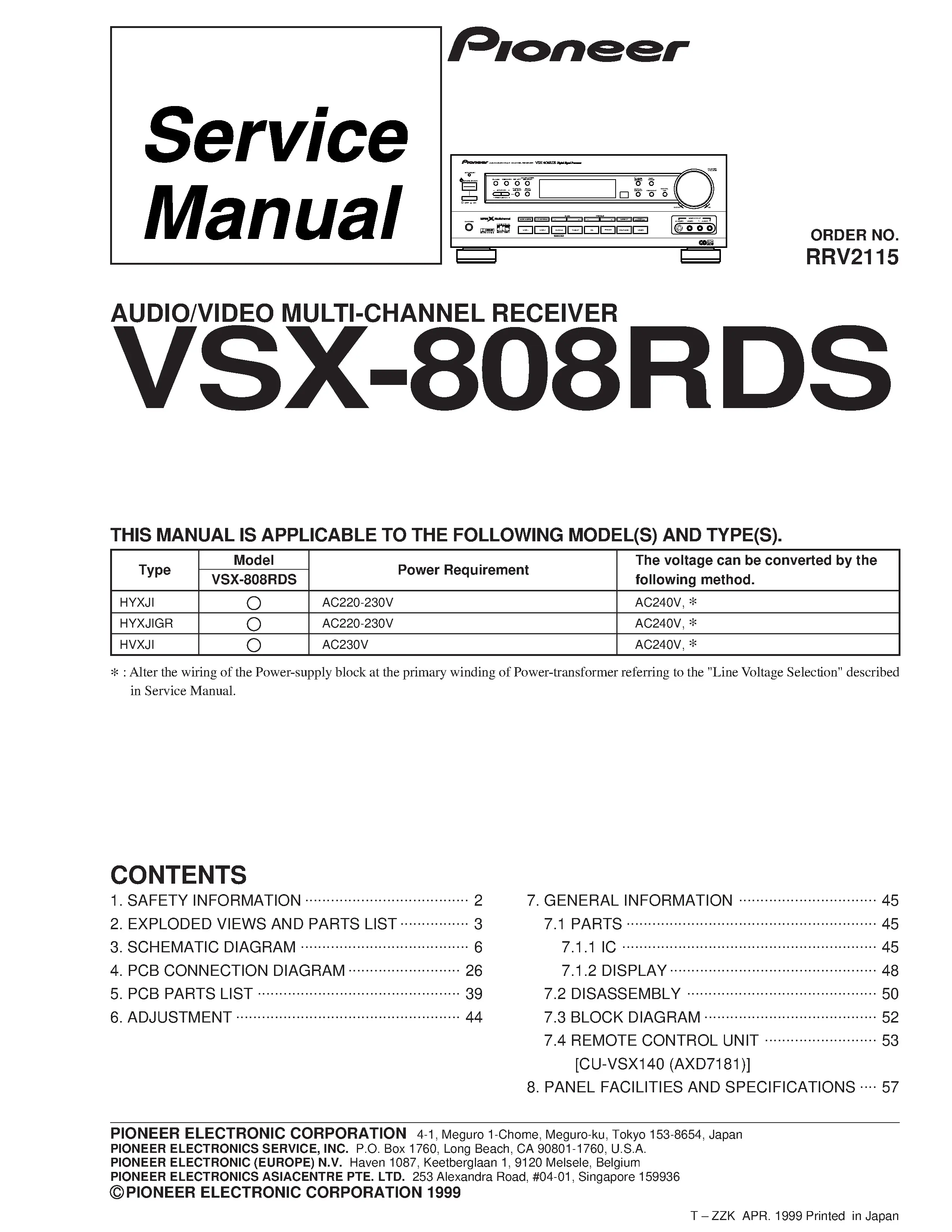Pioneer vsx 808rds service manual cover with line draw image of the receiver, model type and number, manual issue date and document number