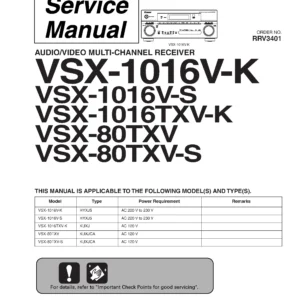 Pioneer vsx 80txv service manual cover with line draw image of the receiver, model type and number, manual issue date and document number