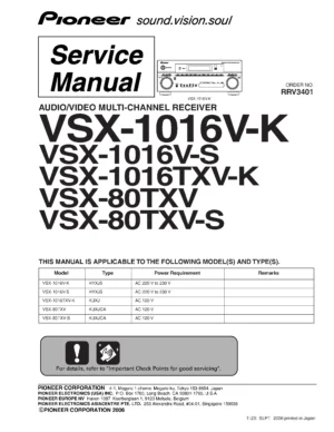 Pioneer vsx 80txv service manual cover with line draw image of the receiver, model type and number, manual issue date and document number