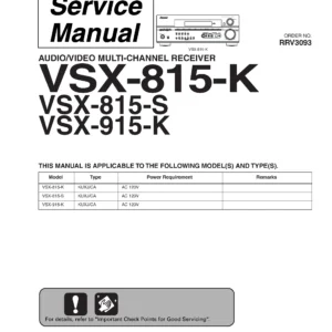 Pioneer vsx 815 k vsx 815 s vsx 915 k service manual cover with line draw image of the receiver, model type and number, manual issue date and document number