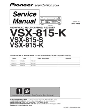 Pioneer vsx 815 k vsx 815 s vsx 915 k service manual cover with line draw image of the receiver, model type and number, manual issue date and document number