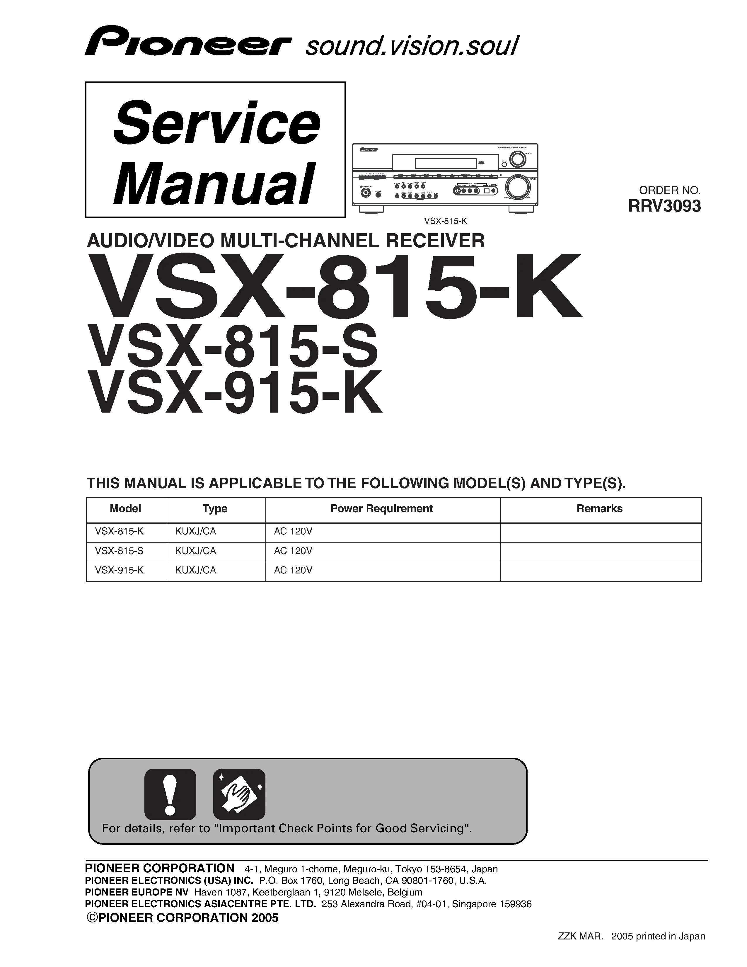 Pioneer vsx 815 k vsx 815 s vsx 915 k service manual cover with line draw image of the receiver, model type and number, manual issue date and document number