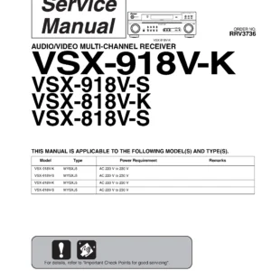 Pioneer vsx 818v 918v series service manual cover with line draw image of the receiver, model type and number, manual issue date and document number