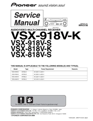 Pioneer vsx 818v 918v series service manual cover with line draw image of the receiver, model type and number, manual issue date and document number