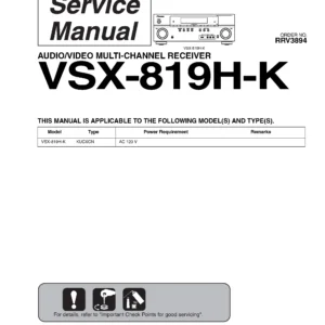 Pioneer vsx 819h service manual cover with line draw image of the receiver, model type and number, manual issue date and document number