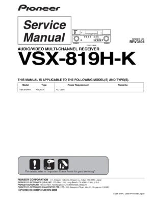 Pioneer vsx 819h service manual cover with line draw image of the receiver, model type and number, manual issue date and document number