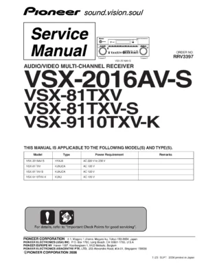 Pioneer vsx 81txv 9110txv service manual cover with line draw image of the receiver, model type and number, manual issue date and document number