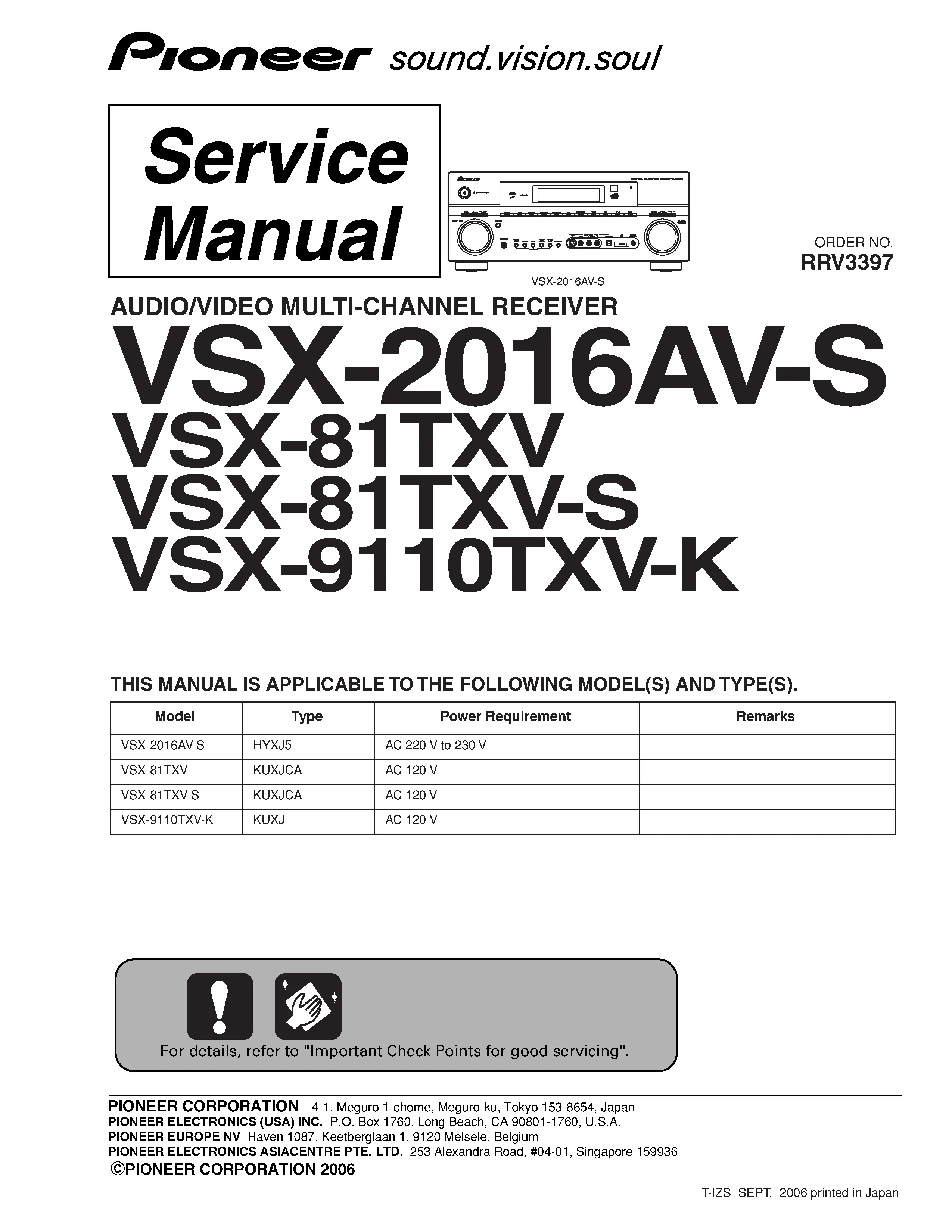 Pioneer vsx 81txv 9110txv service manual cover with line draw image of the receiver, model type and number, manual issue date and document number