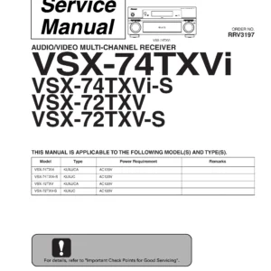Pioneer vsx 82txs service manual cover with line draw image of the receiver, model type and number, manual issue date and document number