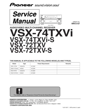 Pioneer vsx 84txsi service manual cover with line draw image of the receiver, model type and number, manual issue date and document number