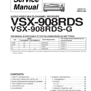 Pioneer vsx 908rds service manual cover with line draw image of the receiver, model type and number, manual issue date and document number