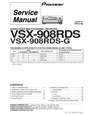 Pioneer vsx 908rds service manual cover with line draw image of the receiver, model type and number, manual issue date and document number