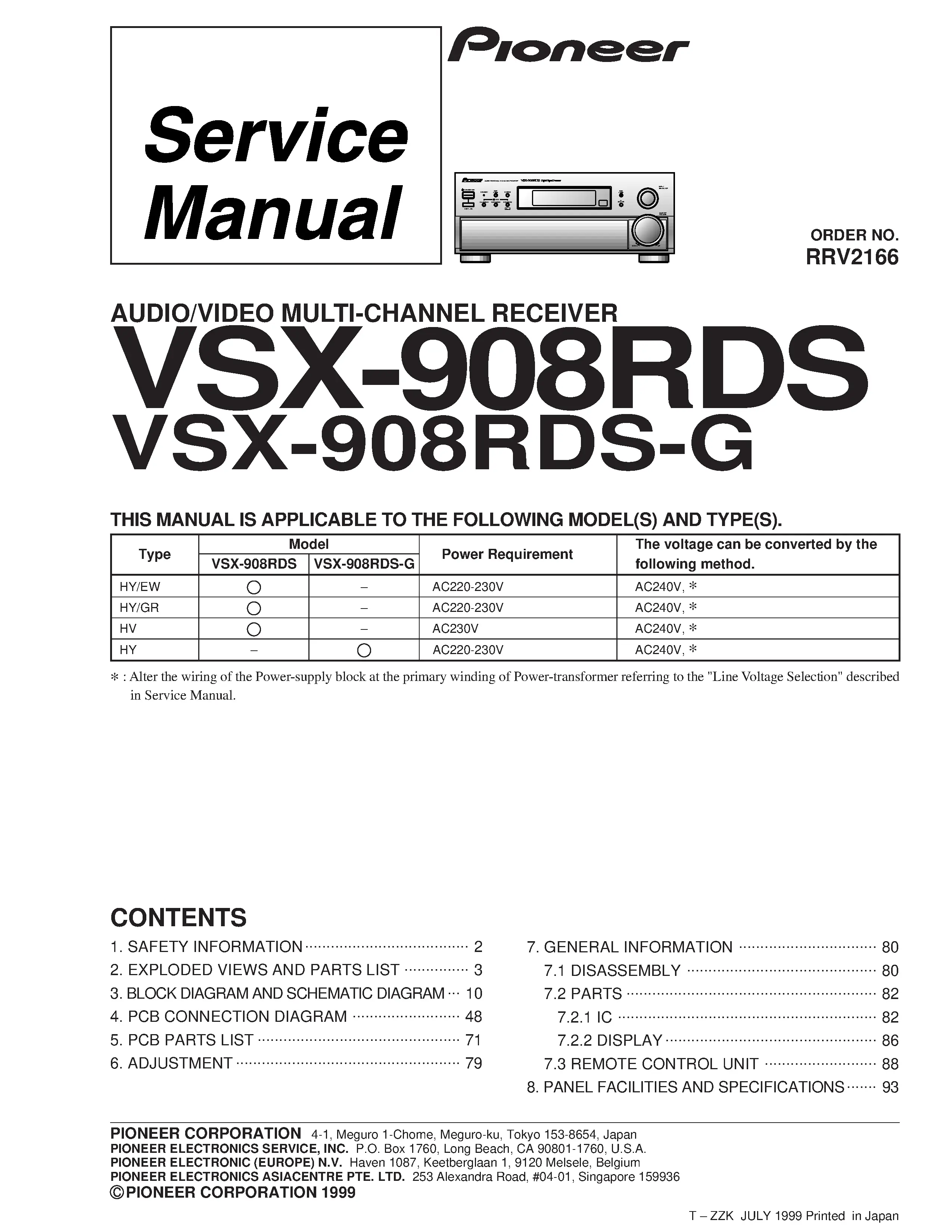 Pioneer vsx 908rds service manual cover with line draw image of the receiver, model type and number, manual issue date and document number