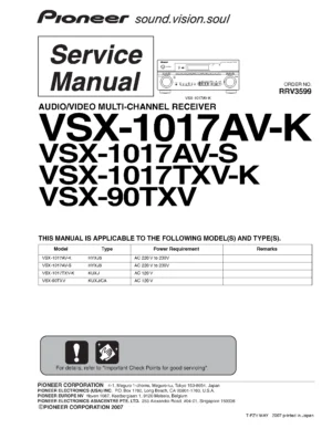 Pioneer vsx 90txv service manual cover with line draw image of the receiver, model type and number, manual issue date and document number