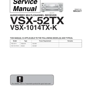 Pioneer vsx 9100tx service manual cover with line draw image of the receiver, model type and number, manual issue date and document number