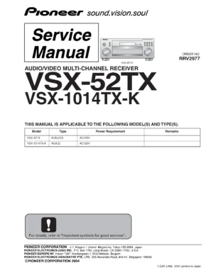 Pioneer vsx 9100tx service manual cover with line draw image of the receiver, model type and number, manual issue date and document number