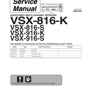Pioneer vsx 916 816 series service manual cover with line draw image of the receiver, model type and number, manual issue date and document number