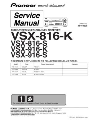 Pioneer vsx 916 816 series service manual cover with line draw image of the receiver, model type and number, manual issue date and document number