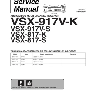 Pioneer vsx 917 817 series service manual cover with line draw image of the receiver, model type and number, manual issue date and document number