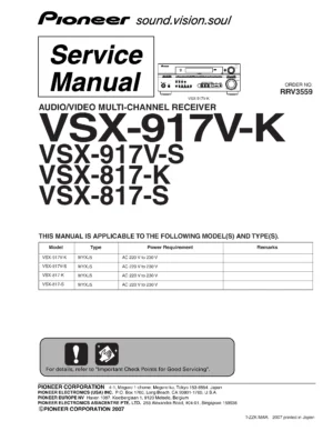 Pioneer vsx 917 817 series service manual cover with line draw image of the receiver, model type and number, manual issue date and document number