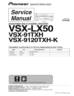 Pioneer vsx 91txh 9120txh service manual cover with line draw image of the receiver, model type and number, manual issue date and document number