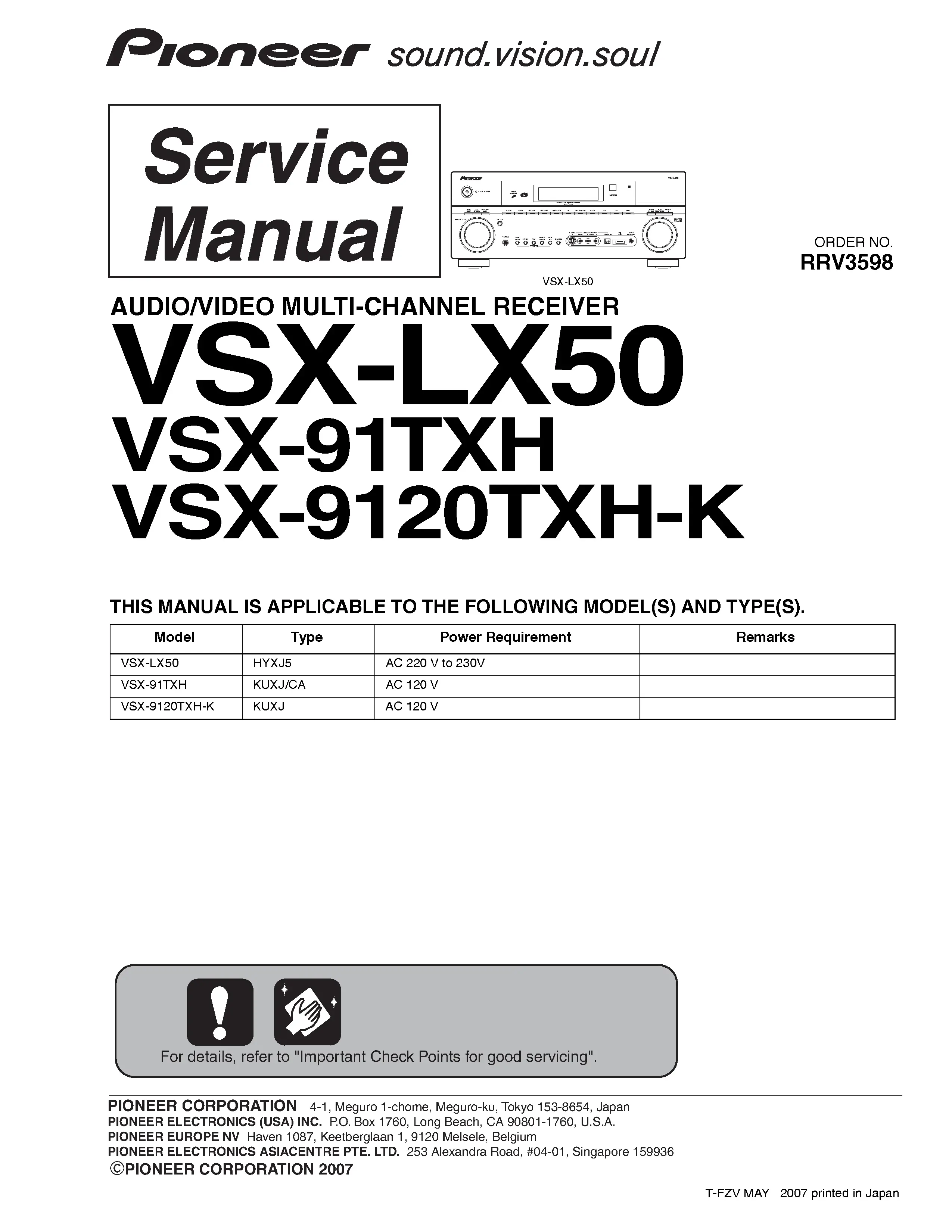 Pioneer vsx 91txh 9120txh service manual cover with line draw image of the receiver, model type and number, manual issue date and document number