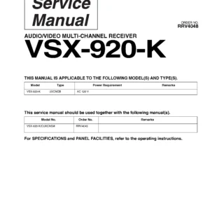 Pioneer vsx 920 service manual cover with line draw image of the receiver, model type and number, manual issue date and document number