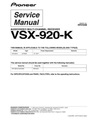 Pioneer vsx 920 service manual cover with line draw image of the receiver, model type and number, manual issue date and document number