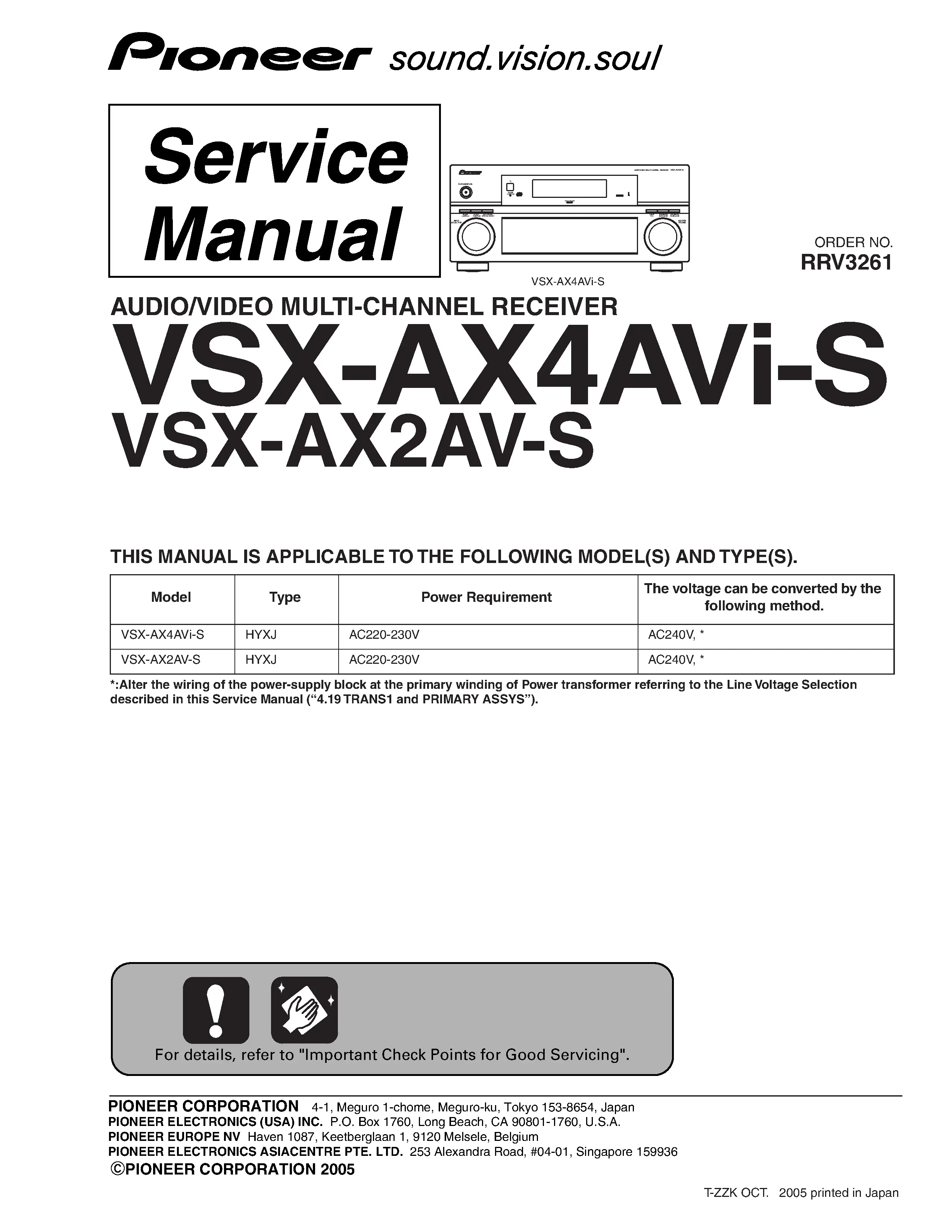 Pioneer vsx ax2as series service manual cover with line draw image of the receiver, model type and number, manual issue date and document number
