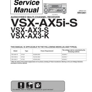 Pioneer vsx ax3 series service manual cover with line draw image of the receiver, model type and number, manual issue date and document number
