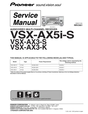 Pioneer vsx ax3 series service manual cover with line draw image of the receiver, model type and number, manual issue date and document number