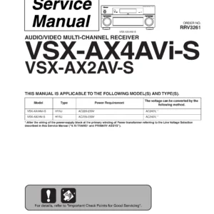 Pioneer vsx ax4avi service manual cover with line draw image of the receiver, model type and number, manual issue date and document number