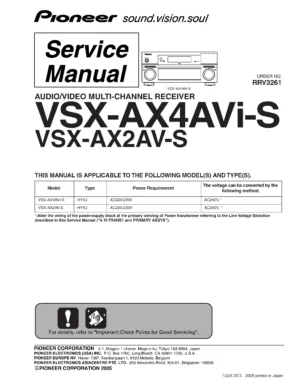 Pioneer vsx ax4avi service manual cover with line draw image of the receiver, model type and number, manual issue date and document number