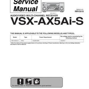 Pioneer vsx ax5ai service manual cover with line draw image of the receiver, model type and number, manual issue date and document number