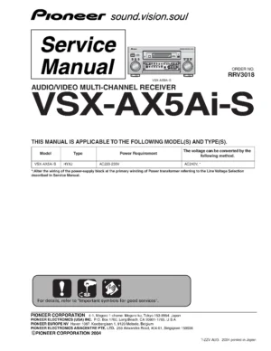 Pioneer vsx ax5ai service manual cover with line draw image of the receiver, model type and number, manual issue date and document number
