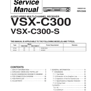 Pioneer vsx c300 service manual cover with line draw image of the receiver, model type and number, manual issue date and document number