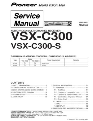 Pioneer vsx c300 service manual cover with line draw image of the receiver, model type and number, manual issue date and document number