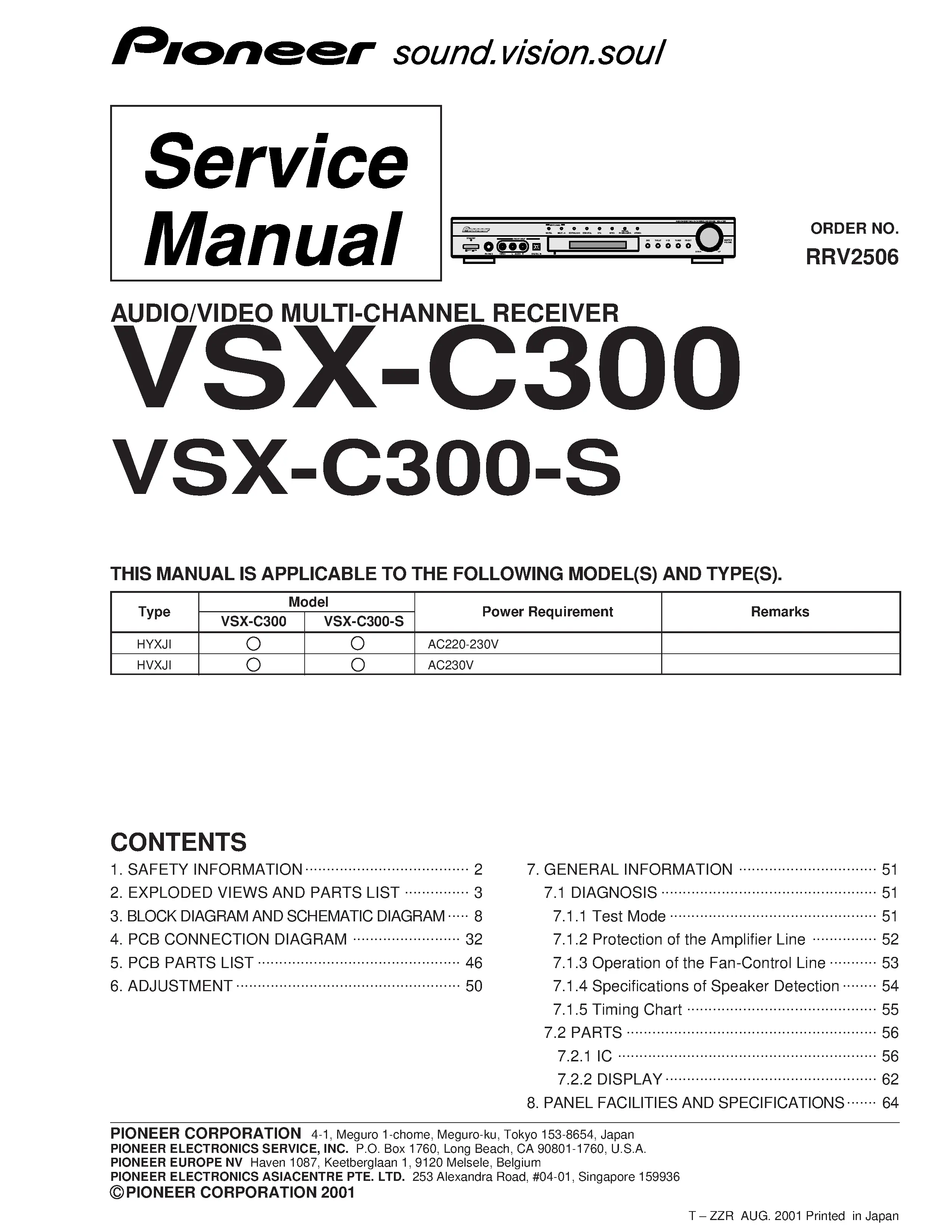 Pioneer vsx c300 service manual cover with line draw image of the receiver, model type and number, manual issue date and document number
