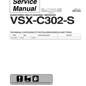 Pioneer vsx c302 s service manual cover with line draw image of the receiver, model type and number, manual issue date and document number