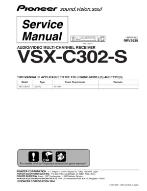 Pioneer vsx c302 s service manual cover with line draw image of the receiver, model type and number, manual issue date and document number