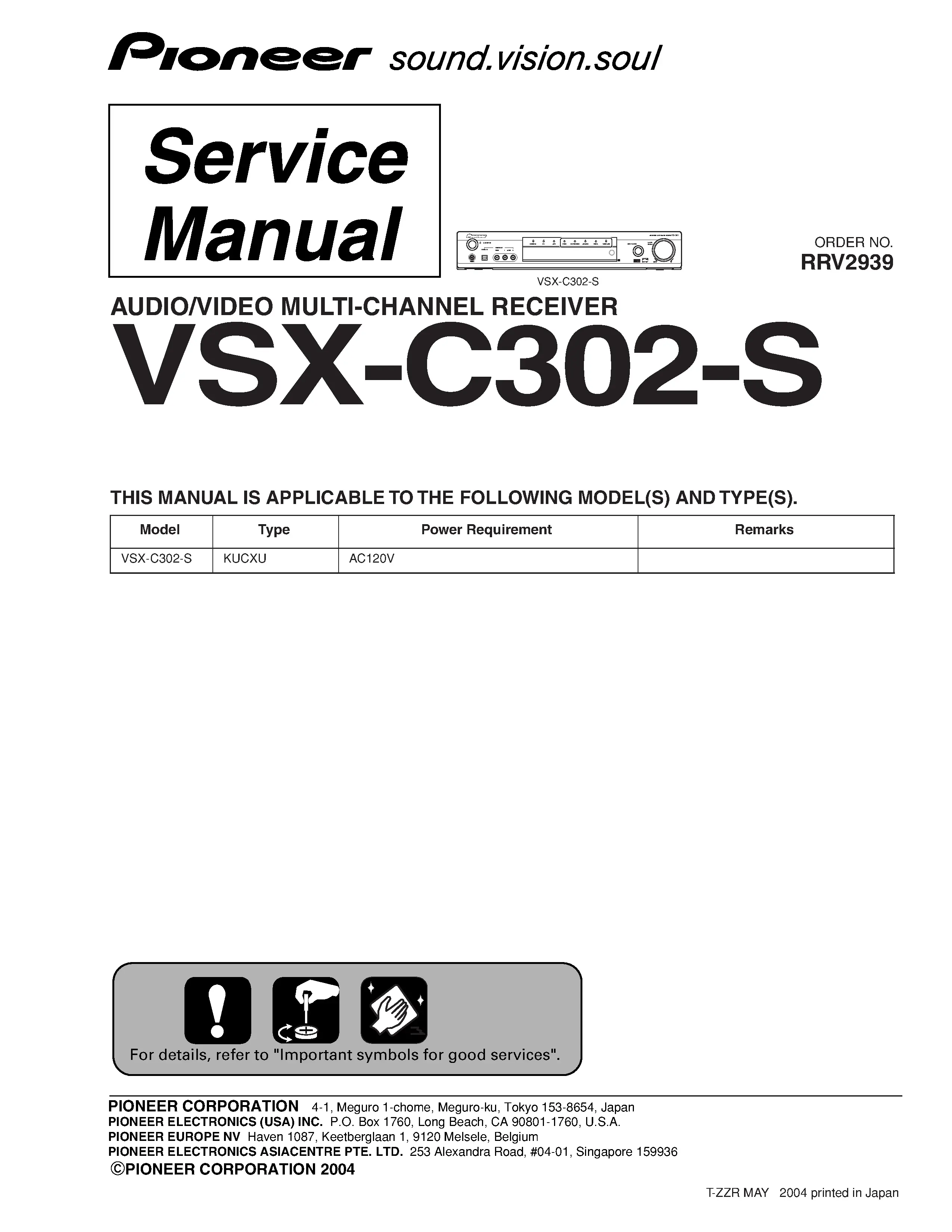 Pioneer vsx c302 s service manual cover with line draw image of the receiver, model type and number, manual issue date and document number