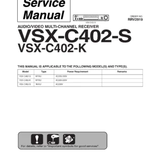 Pioneer vsx c402 service manual cover with line draw image of the receiver, model type and number, manual issue date and document number