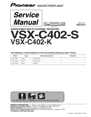 Pioneer vsx c402 service manual cover with line draw image of the receiver, model type and number, manual issue date and document number
