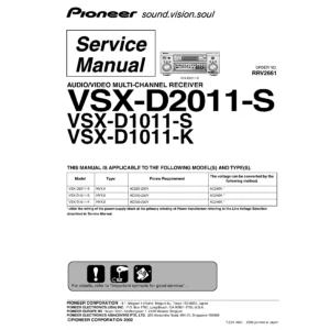 Pioneer vsx d2011 service manual cover with line draw image of the receiver, model type and number, manual issue date and document number
