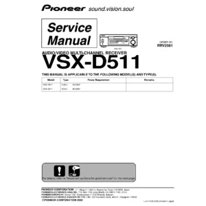 Pioneer vsx d511 series service manual cover with line draw image of the receiver, model type and number, manual issue date and document number